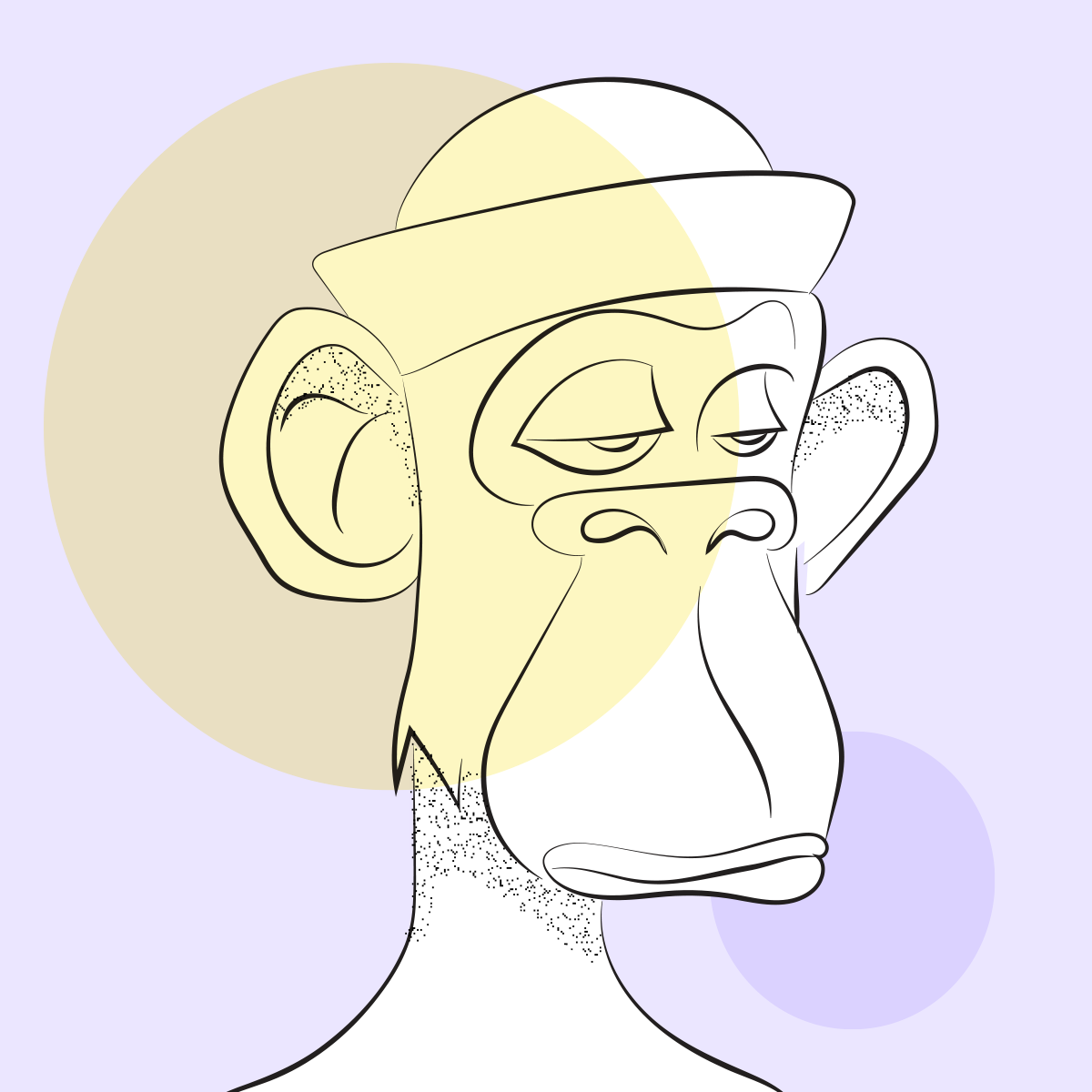 Illustration in the style of a 'Bored Ape' NFT against a yellow and light purple background