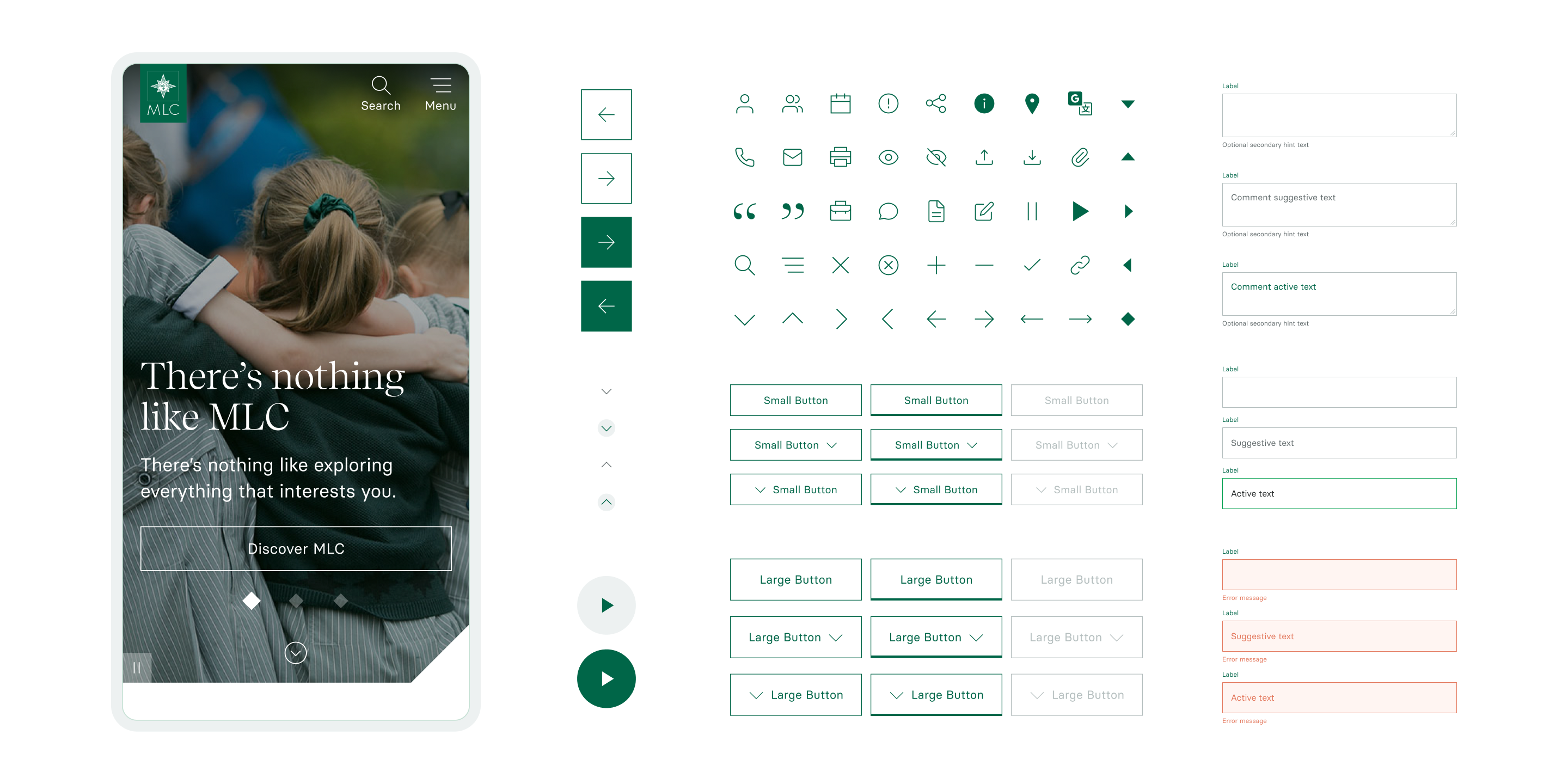 MLC mobile screen with icons and button designs to the side
